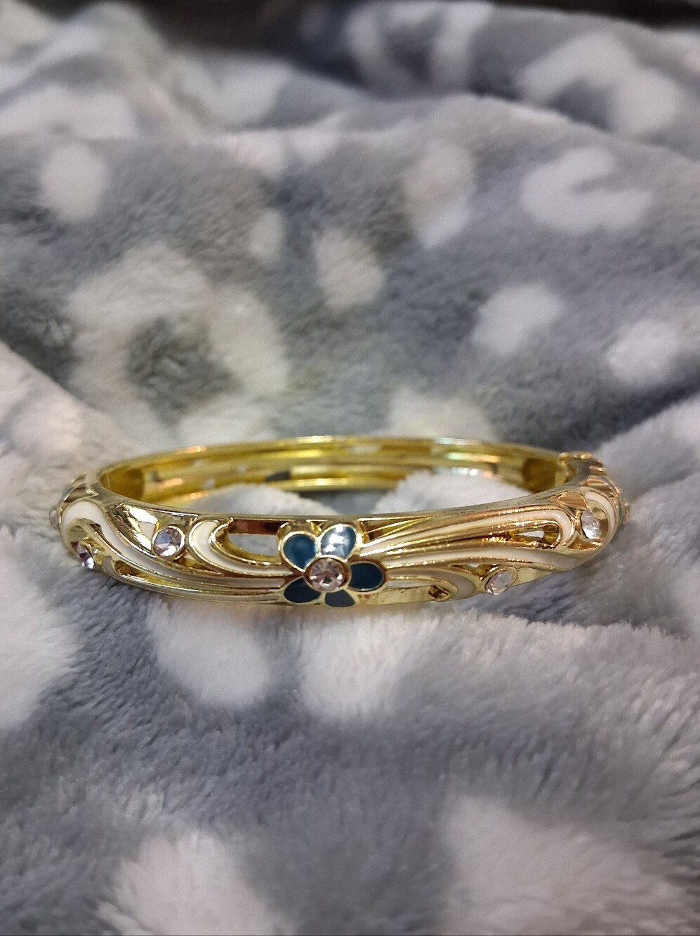 Gold-Tone Floral Bangle Bracelet with Blue Enamel